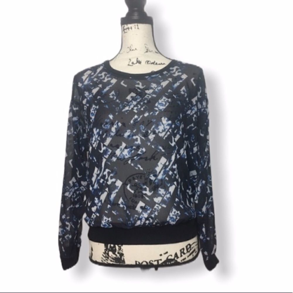 Mossimo Sheer Abstract Print Blouse | Size S | Blue Black Lightweight Top